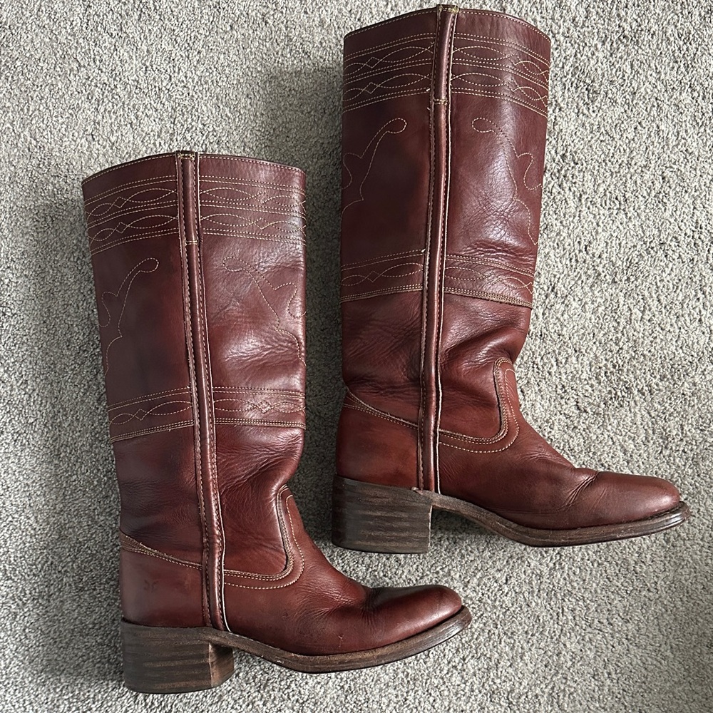 Vintage Frye Chestnut Leather Campus Longhorn, Horse Stitch, Taurus Boots